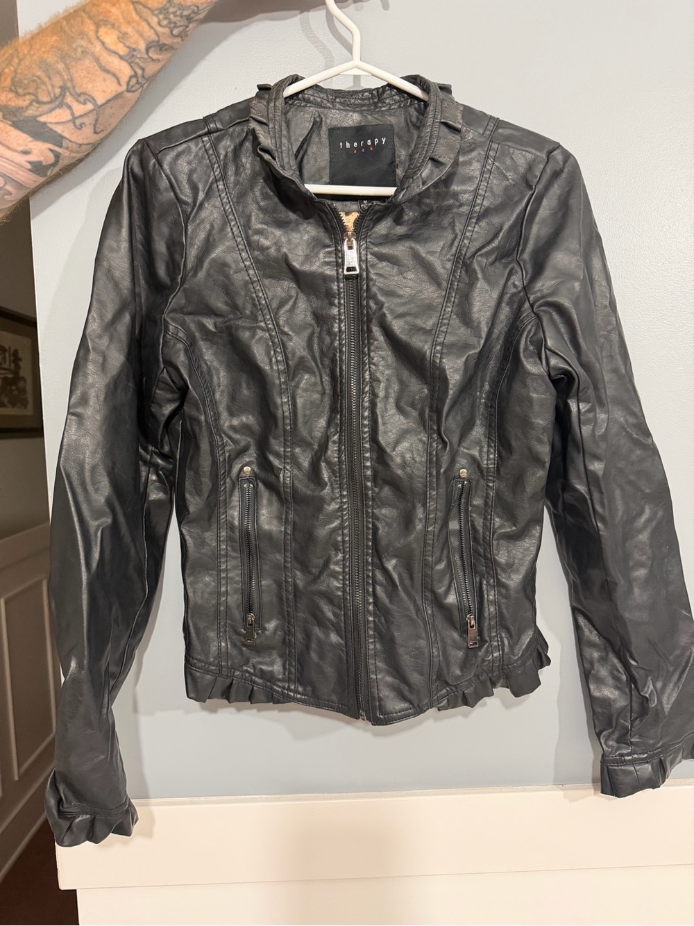 Theory Black Faux Leather Zip Motorcycle Jacket with leopard interior